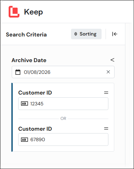 Grouped search criteria in a search configuration's search criteria pane.